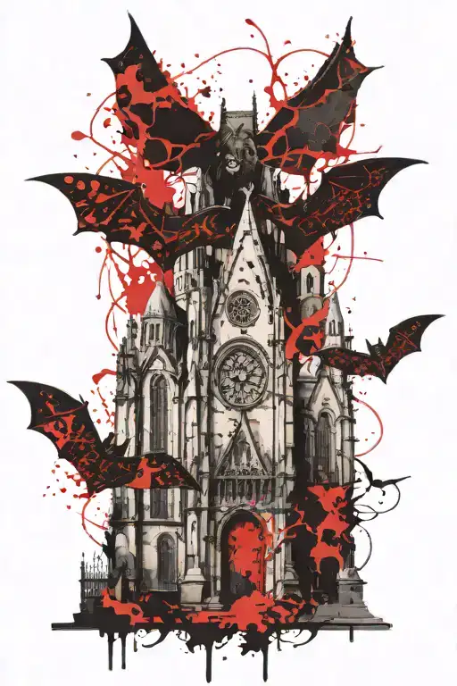 Bat with gothic churches tattoo design idea