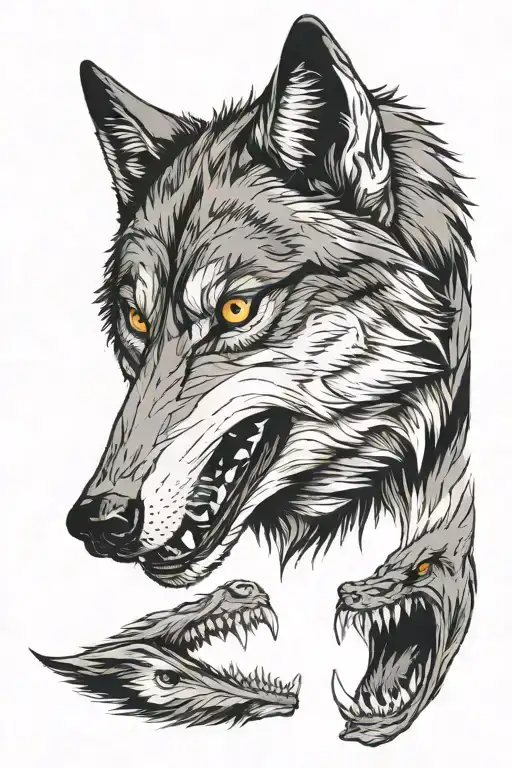 A wolf face that has two sides. On one side it shows it's teeth and one the other side it's natural  tattoo design idea