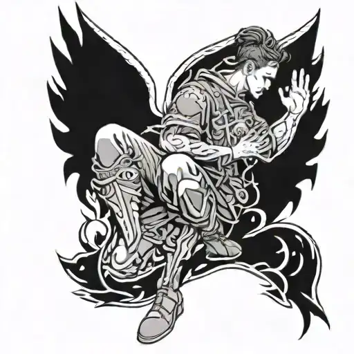 A powerful and intricate design featuring a soldier kneeling in prayer, surrounded by lightning bolts and angel wings tattoo design idea