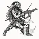 native warrior with rifle leaning rest position move tattoo design idea