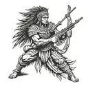 native warrior with rifle leaning rest position move tattoo design idea