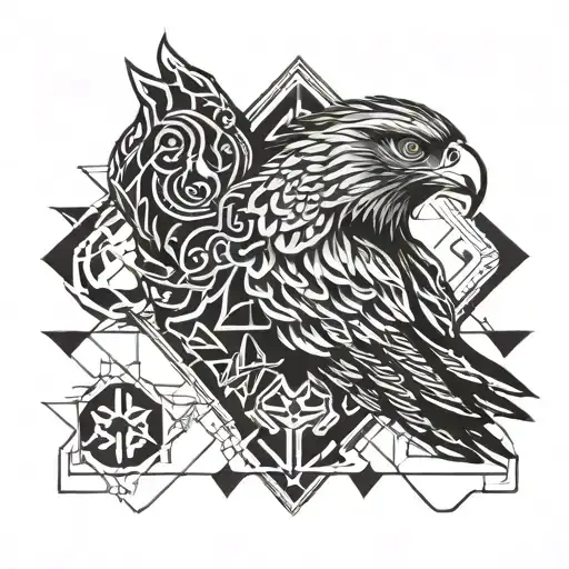 Abstract geometric hawk design intertwined with business symbols for an intricate arm band tattoo tattoo design idea