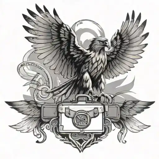 A hawk in flight with spreads wings, holding a briefcase in its talons, symbolizing ambition and freedom tattoo design idea