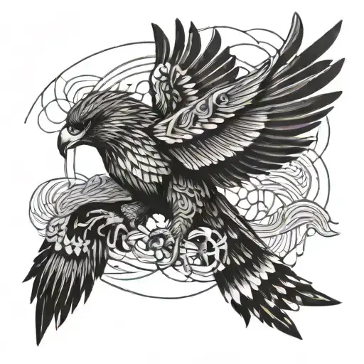 An intricate arm band featuring a hawk in flight intertwined with business-related symbols like graphs and charts tattoo design idea