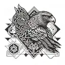 Abstract geometric hawk design intertwined with business symbols for an intricate arm band tattoo tattoo design idea