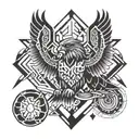 Abstract geometric hawk design intertwined with business symbols for an intricate arm band tattoo tattoo design idea