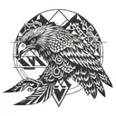 Abstract geometric hawk design intertwined with business symbols for an intricate arm band tattoo tattoo design idea