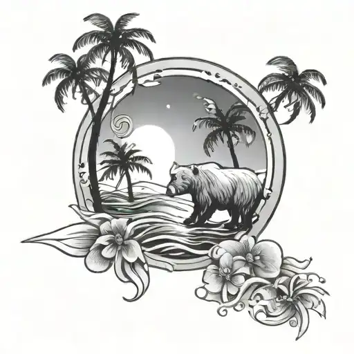 sun, wave, palm tree, CA bear, dog paw, hearts, RAM ARIES, tattoo design idea