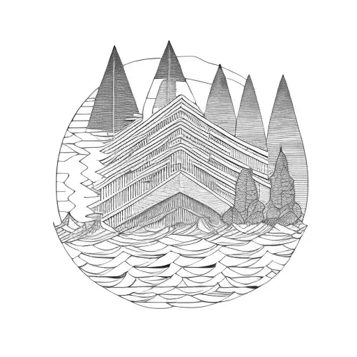a brutalist house with some tress around and over looking the wavy sea  tattoo design idea