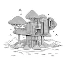 a brutalist house with some tress around and over looking the sea  tattoo design idea