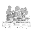 a brutalist house with some tress around and over looking the sea  tattoo design idea