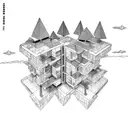 a brutalist house with some tress around and over looking the sea  tattoo design idea