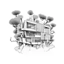 a brutalist house with some tress around and over looking the sea  tattoo design idea