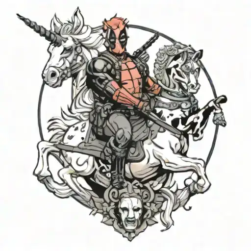 deadpool harley quinn groot on a unicorn surrounded tattoo design idea