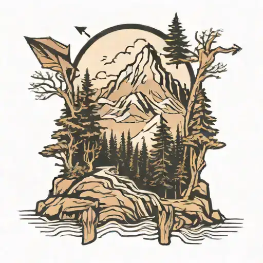 mountain with trees and arrow   tattoo design idea