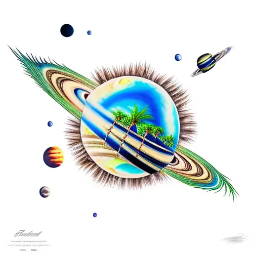 large palm tree with planets  tattoo design idea