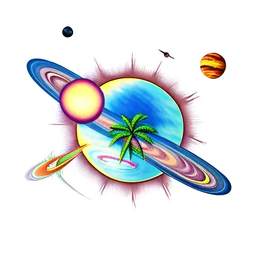 palm tree with planets around it tattoo design idea