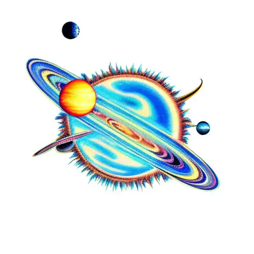 palm tree with planets around it tattoo design idea