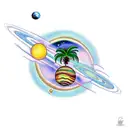 palm tree with planets around it tattoo design idea