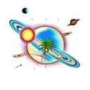palm tree with planets around it tattoo design idea