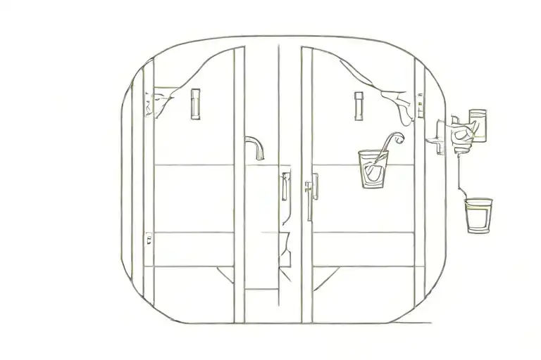 Half-open doors seen from the front, side by side with a glass of gin and tonic in the middle tattoo design idea
