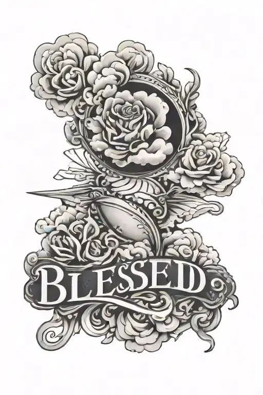 blessed written, cloud shading tattoo design idea