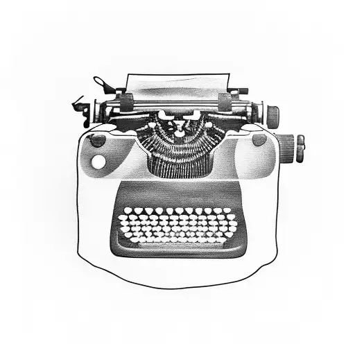 A black-grey tattoo design of a typewriter with film strips coming out of it, representing the client's occupation as a writer and their passion for movies tattoo design idea