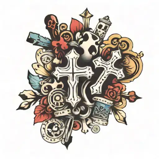 Footprints for Twins, A cross for god, Family, gamble dice for grandparents, Music for grandpa tattoo design idea