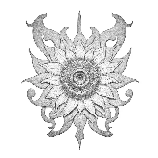 A dagger with a cool handle featuring intricate sunflower and lily pattern, Damascus  tattoo design idea