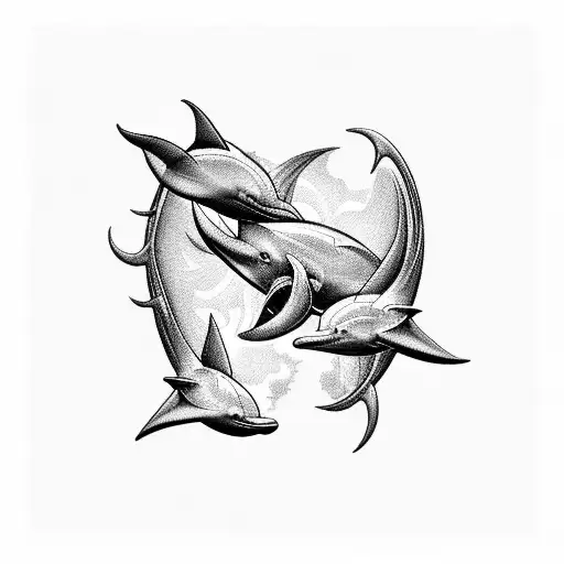 MC Escher pattern swallows at the top transforming into dolphins tattoo design idea