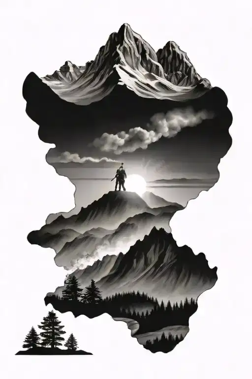 A mountain landscape with a hidden silhouette of a firefighter in the background tattoo design idea