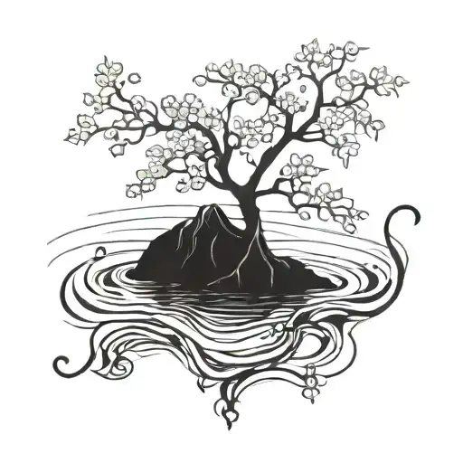 An intricate blackwork tattoo of a cherry tree growing underwater in the ocean, with musical notes floating around it tattoo design idea