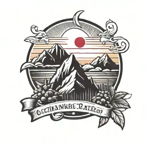 A marketing logo design featuring a sun setting behind a mountain range, with chocolate and raspberry elements incorporated tattoo design idea