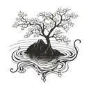 An intricate blackwork tattoo of a cherry tree growing underwater in the ocean, with musical notes floating around it tattoo design idea