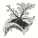 An intricate blackwork tattoo of a cherry tree growing underwater in the ocean, with musical notes floating around it tattoo design idea