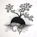 An intricate blackwork tattoo of a cherry tree growing underwater in the ocean, with musical notes floating around it tattoo design idea