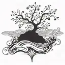 An intricate blackwork tattoo of a cherry tree growing underwater in the ocean, with musical notes floating around it tattoo design idea