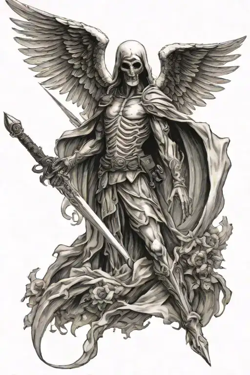 angel of death almost in full growth with a sword tattoo design idea