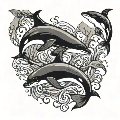 4 orcas represent family and swimming under the old oak. make it tattoo tattoo design idea