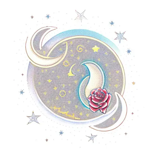 A traditional-style tattoo of a crescent moon and stars surrounded by delicate roses tattoo design idea