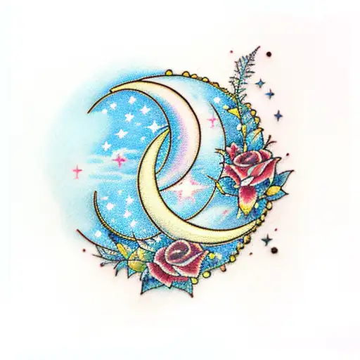 A traditional-style tattoo of a crescent moon and stars surrounded by delicate roses tattoo design idea