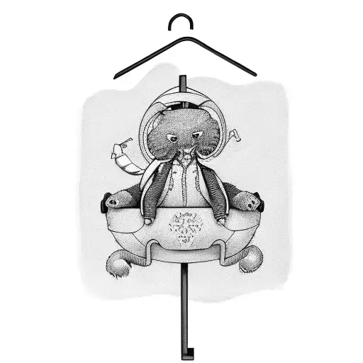 A clothing hanger with a cartoon character hanging from it tattoo design idea