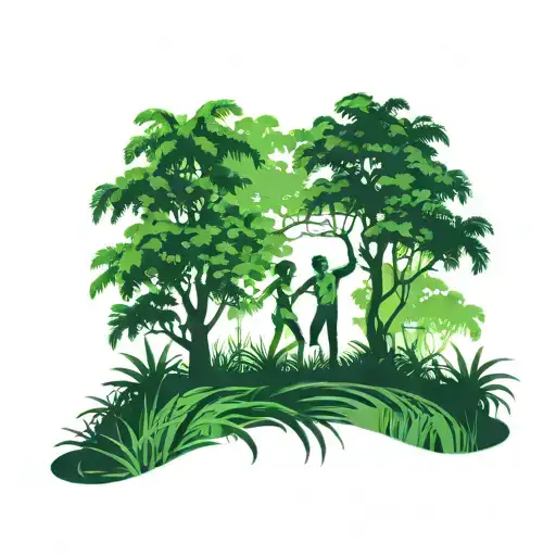 Green lonely forest trees background looking, couple dancing at the front of the jungle. tattoo design idea