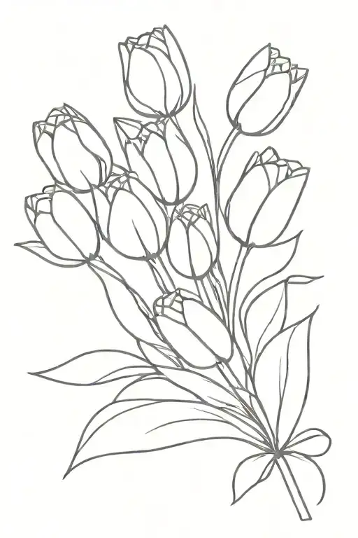 bouquet of tulips with the stem saying no rain, no flowers tattoo design idea