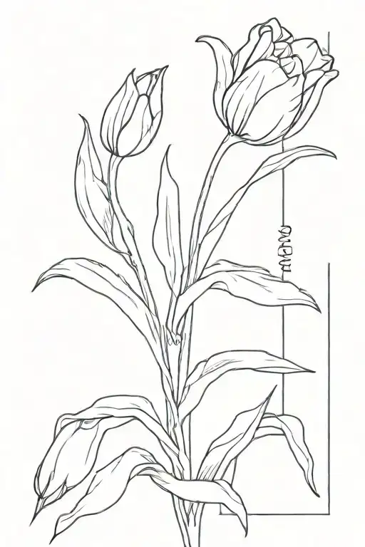small bouquet of tulips going down with the stem saying no rain, no flowers tattoo design idea