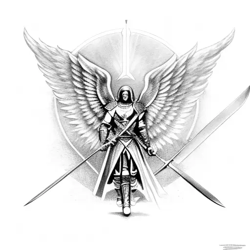 archangel Michael with sharp wings holding sword tattoo design idea