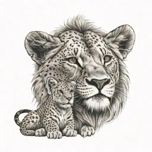 A mother lion with her two cubs, one girl and one boy, in a dotwork style tattoo design idea