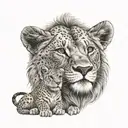 A mother lion with her two cubs, one girl and one boy, in a dotwork style tattoo design idea