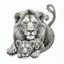 A mother lion with her two cubs, one girl and one boy, in a dotwork style tattoo design idea