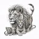 A mother lion with her two cubs, one girl and one boy, in a dotwork style tattoo design idea